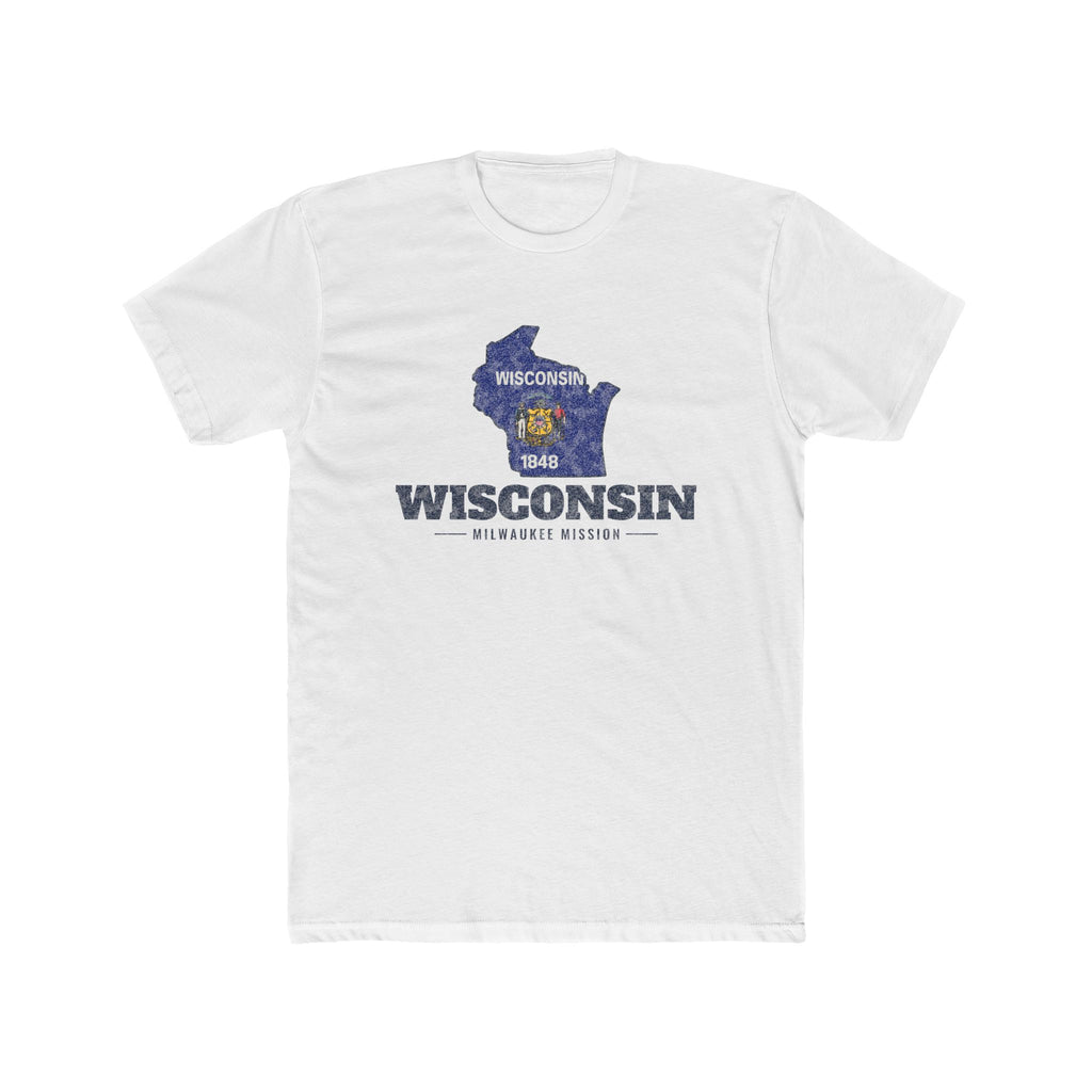 Wisconsin Milwaukee Mission Flag Map shirt in White: Wisconsin state flag in the outline of Wisconsin with navy lettering, front view