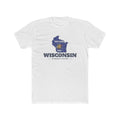 Wisconsin Milwaukee Mission Flag Map shirt in White: Wisconsin state flag in the outline of Wisconsin with navy lettering, front view