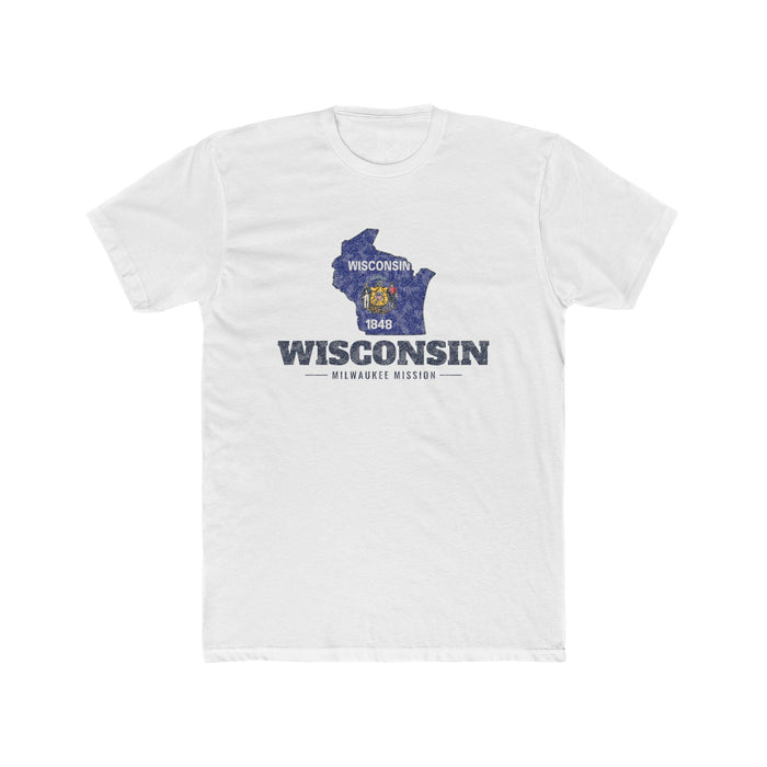 Wisconsin Milwaukee Mission Flag Map shirt in White: Wisconsin state flag in the outline of Wisconsin with navy lettering, front view