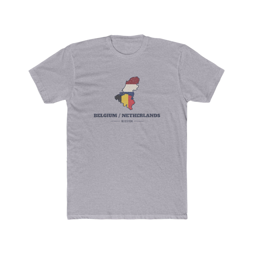 Belgium/Netherlands Mission Flag Map shirt in Heather Grey: flags of Belgium and the Netherlands in their country outlines with navy lettering, front view