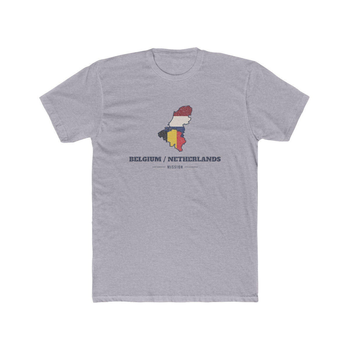 Belgium/Netherlands Mission Flag Map shirt in Heather Grey: flags of Belgium and the Netherlands in their country outlines with navy lettering, front view