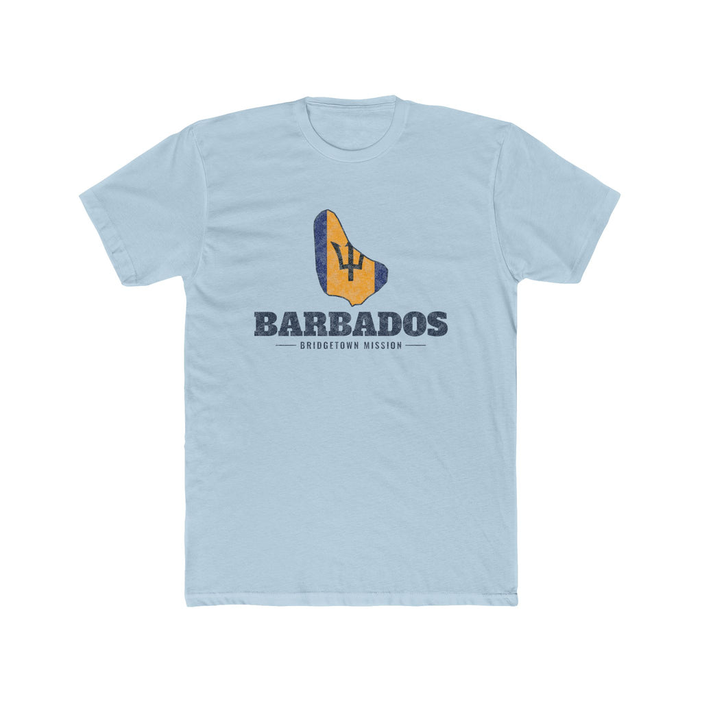 Barbados Bridgetown Mission Flag Map shirt in Desert Pink: flag of Barbados in the outline of Barbados with navy lettering, front view