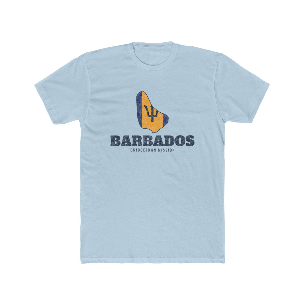Barbados Bridgetown Mission Flag Map shirt in Desert Pink: flag of Barbados in the outline of Barbados with navy lettering, front view