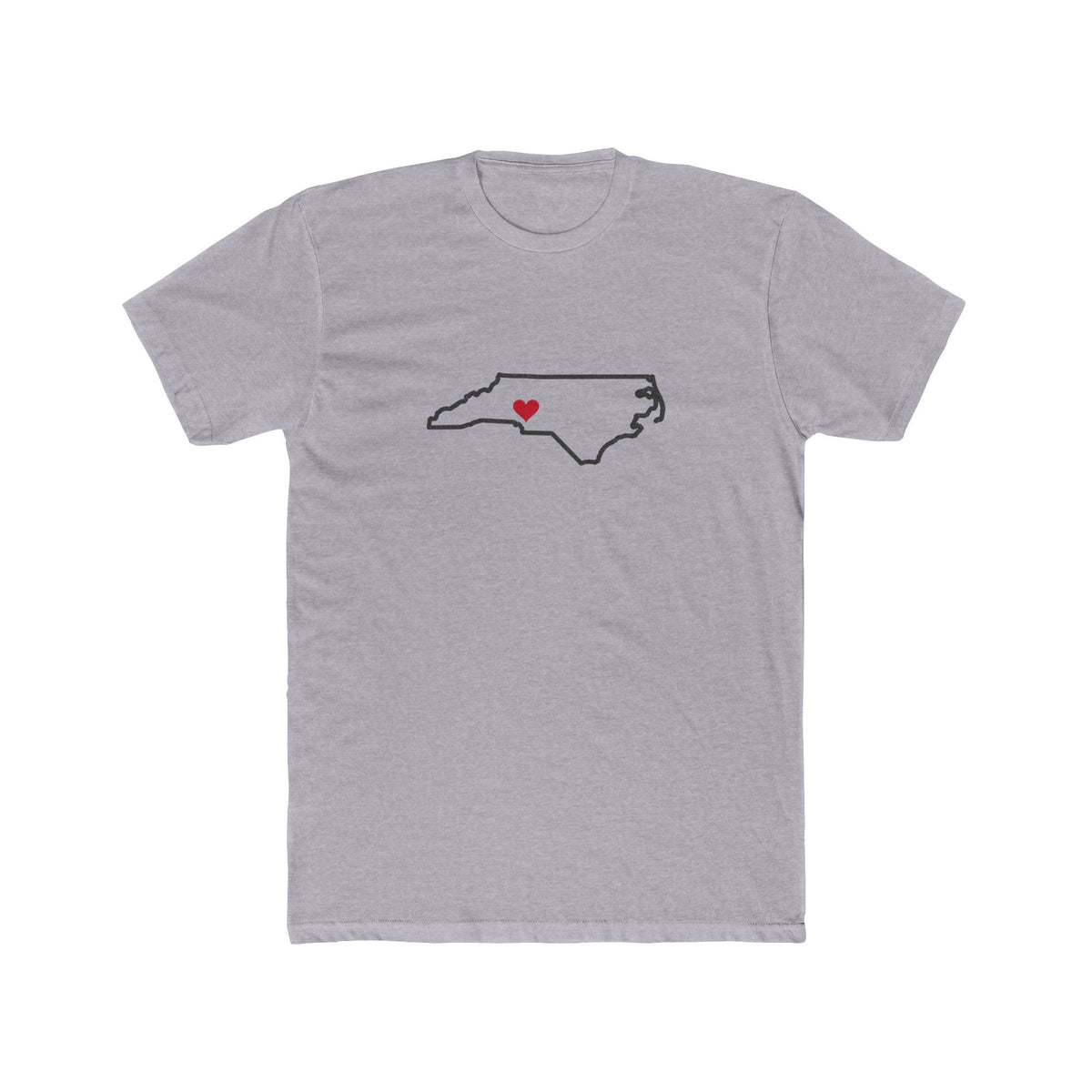 North Carolina Charlotte Mission Heart Map shirt in Heather Grey: North Carolina outline with a red heart, front view