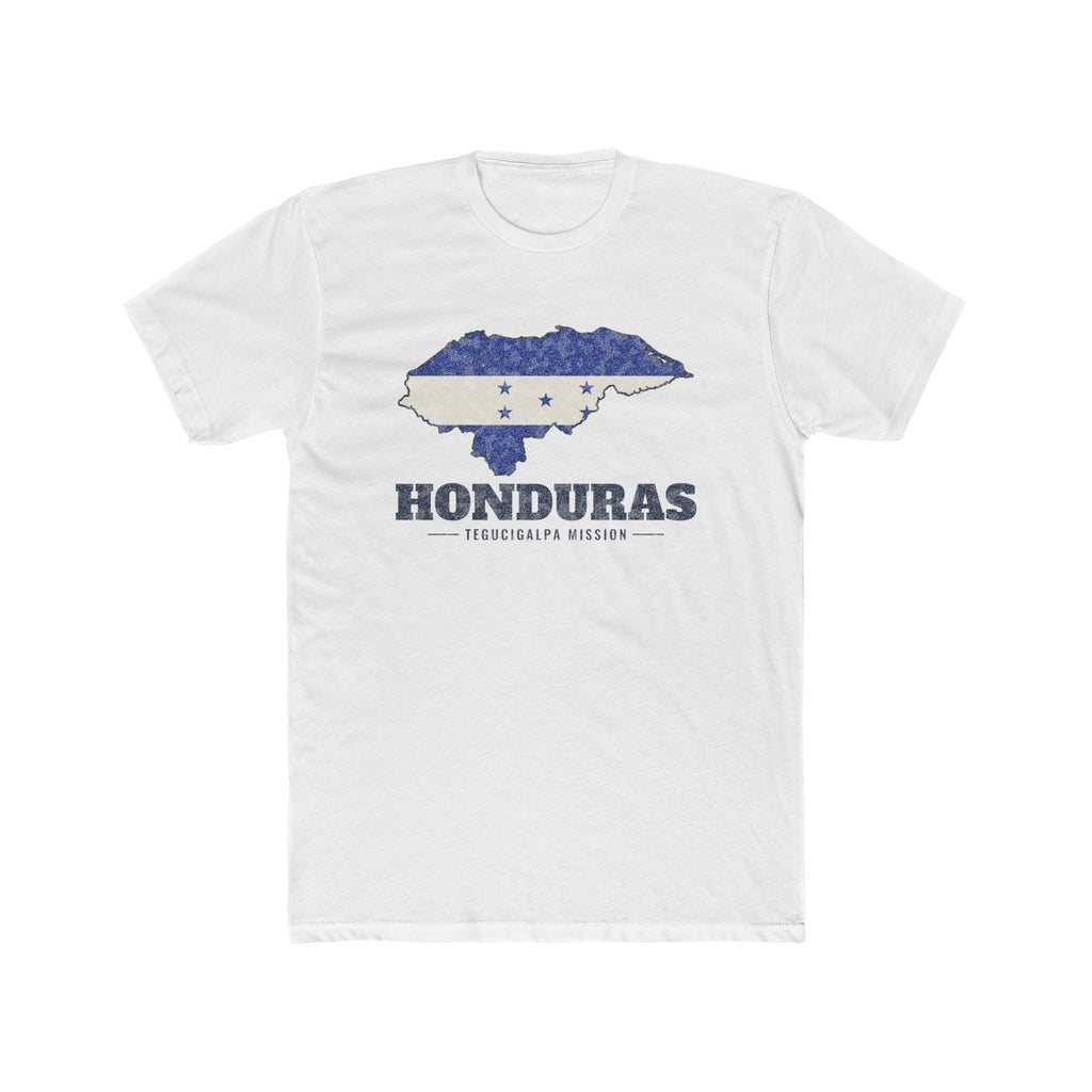 Honduras Tegucigalpa Mission Flag Map shirt in White: flag of Honduras in the outline of Honduras with navy lettering, front view