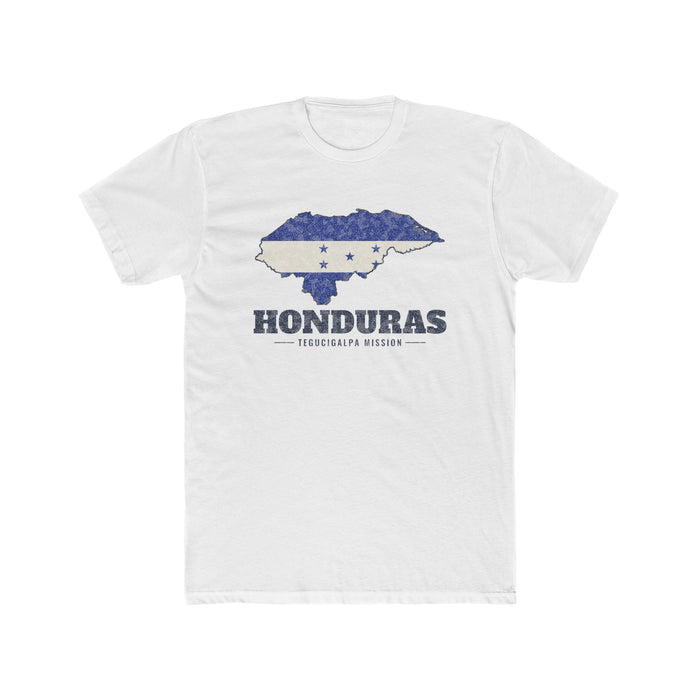 Honduras Tegucigalpa Mission Flag Map shirt in White: flag of Honduras in the outline of Honduras with navy lettering, front view