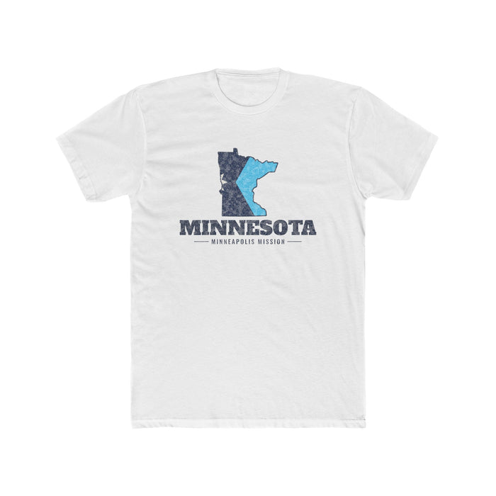 Minnesota Minneapolis Mission Flag Map shirt in White: Minnesota state flag in the outline of Minnesota with navy lettering, front view
