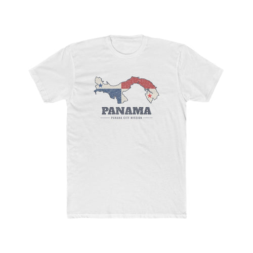 Panama Panama City Mission Flag Map shirt in White: flag of Panama in the outline of Panama with navy lettering, front view