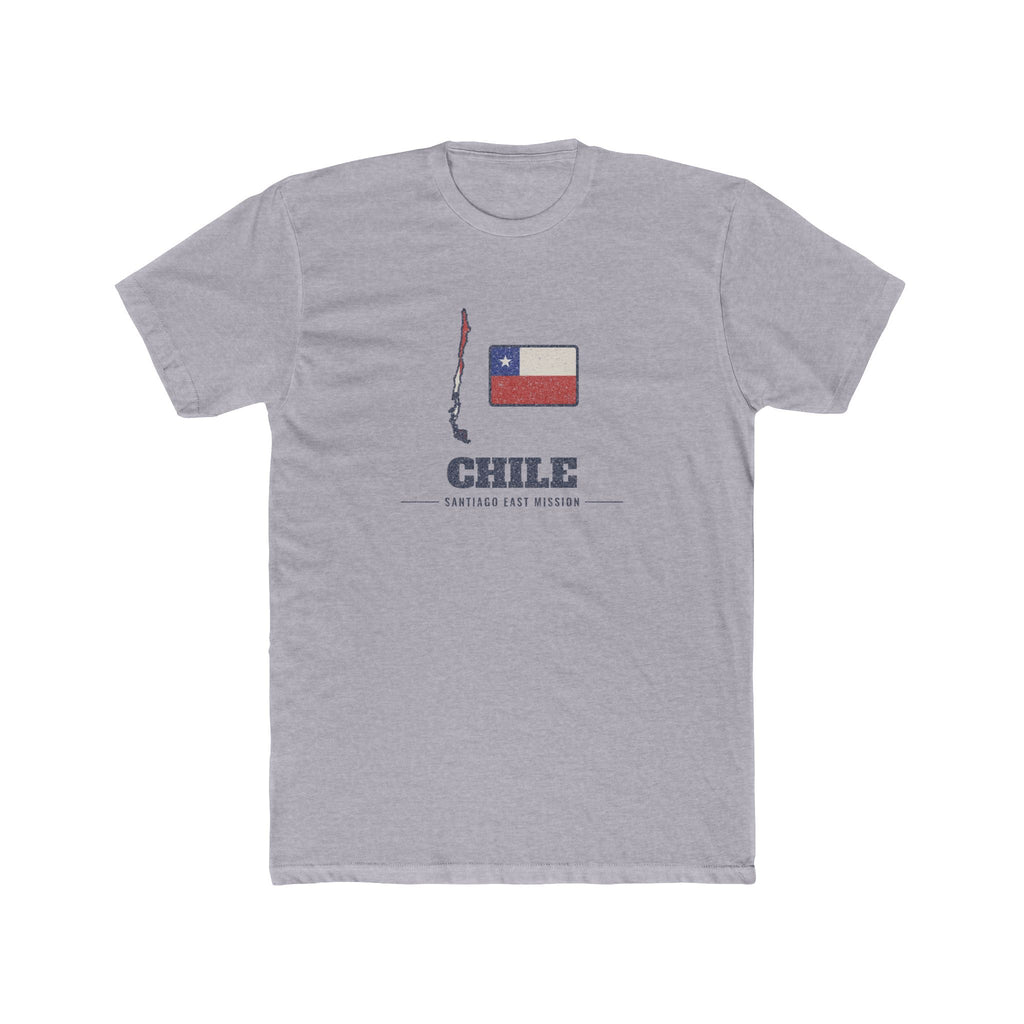 Chile Santiago East Mission Flag Map shirt in Heather Grey: flag of Chile in the outline of Chile with navy lettering, front view
