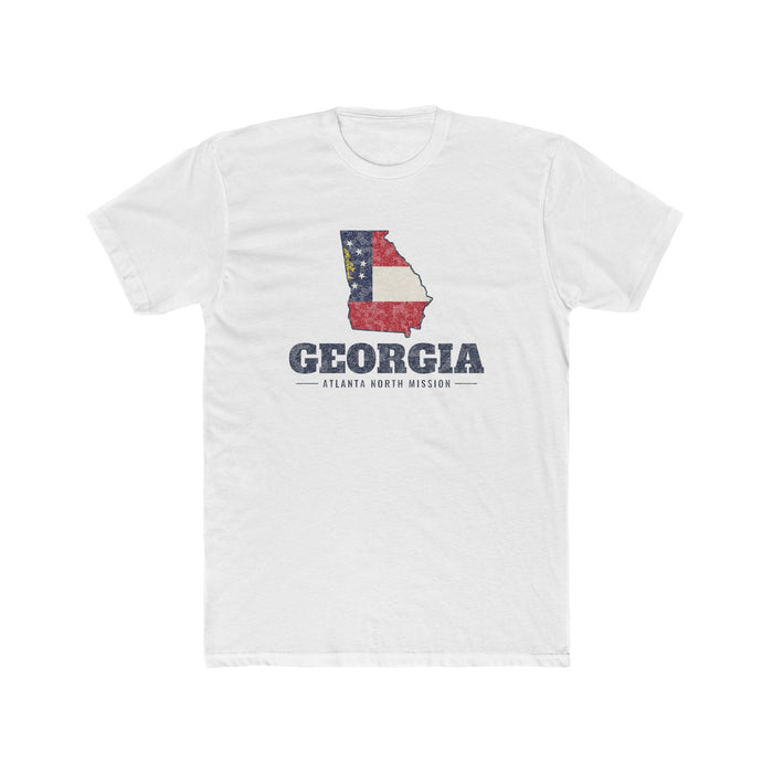 Georgia Atlanta North Mission Flag Map shirt in White: Georgia state flag in the outline of Georgia with navy lettering, front view