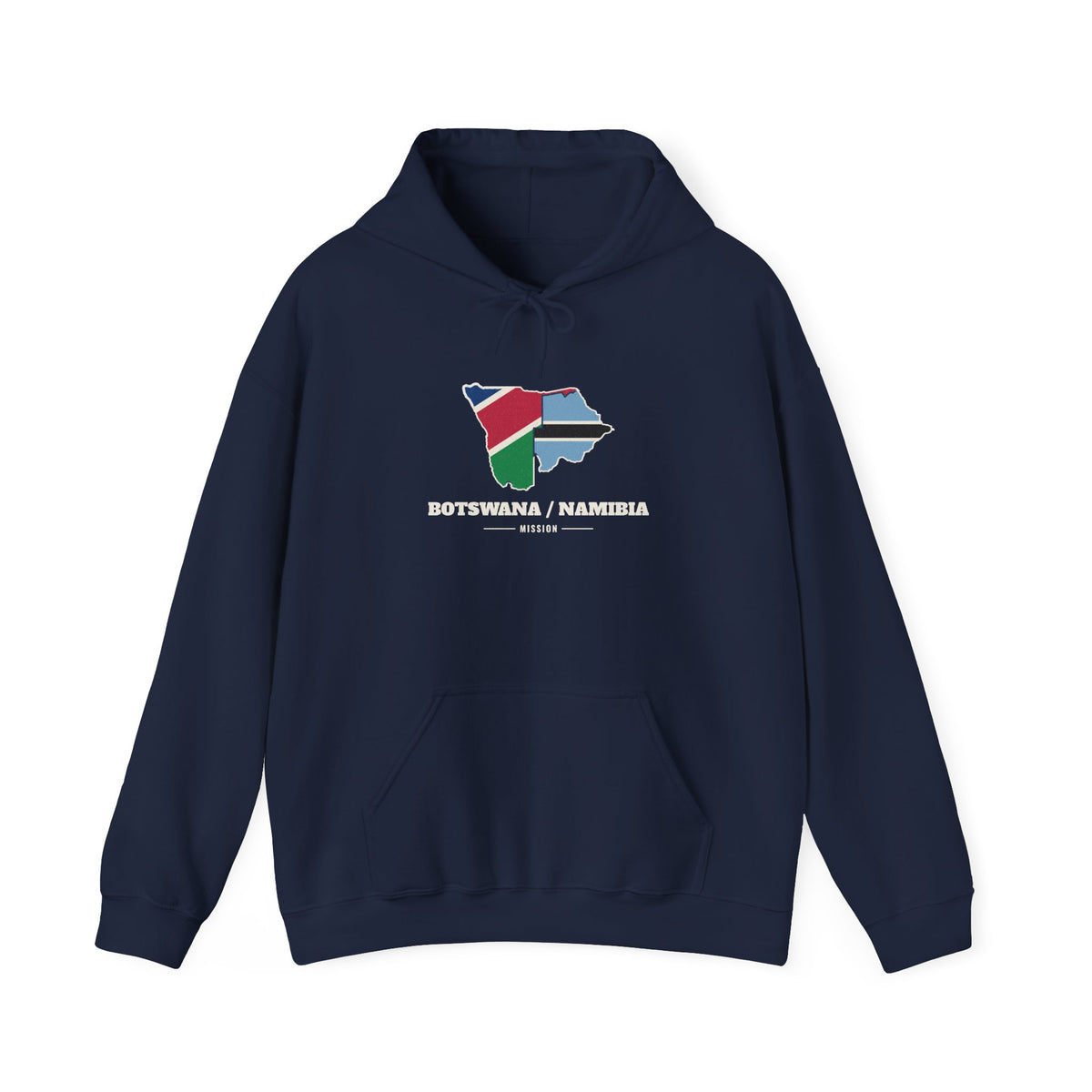 Botswana/Namibia Mission Flag Map Hoodie in Navy, front view with the flag map and mission name