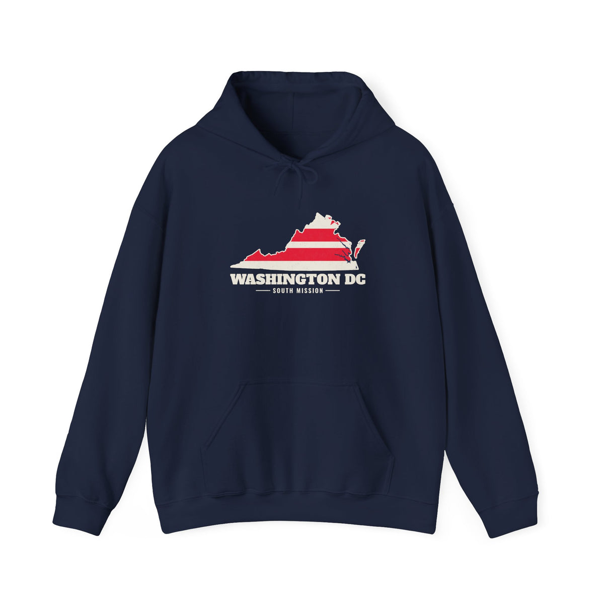 Washington DC South Mission Flag Map Hoodie in Navy, front view with the flag map and mission name