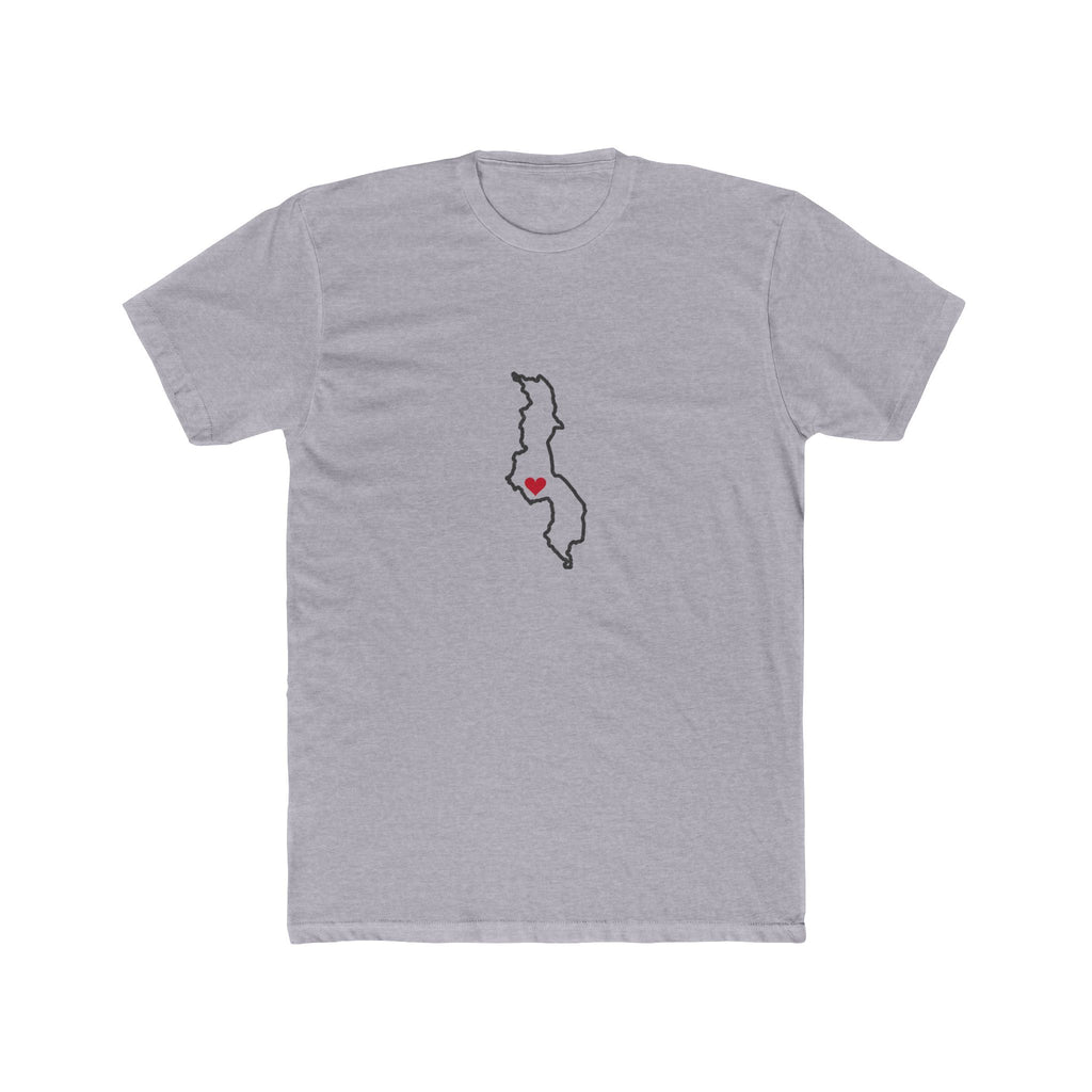 Malawi Lilongwe Mission Heart Map shirt in Heather Grey: Malawi outline with a red heart, front view