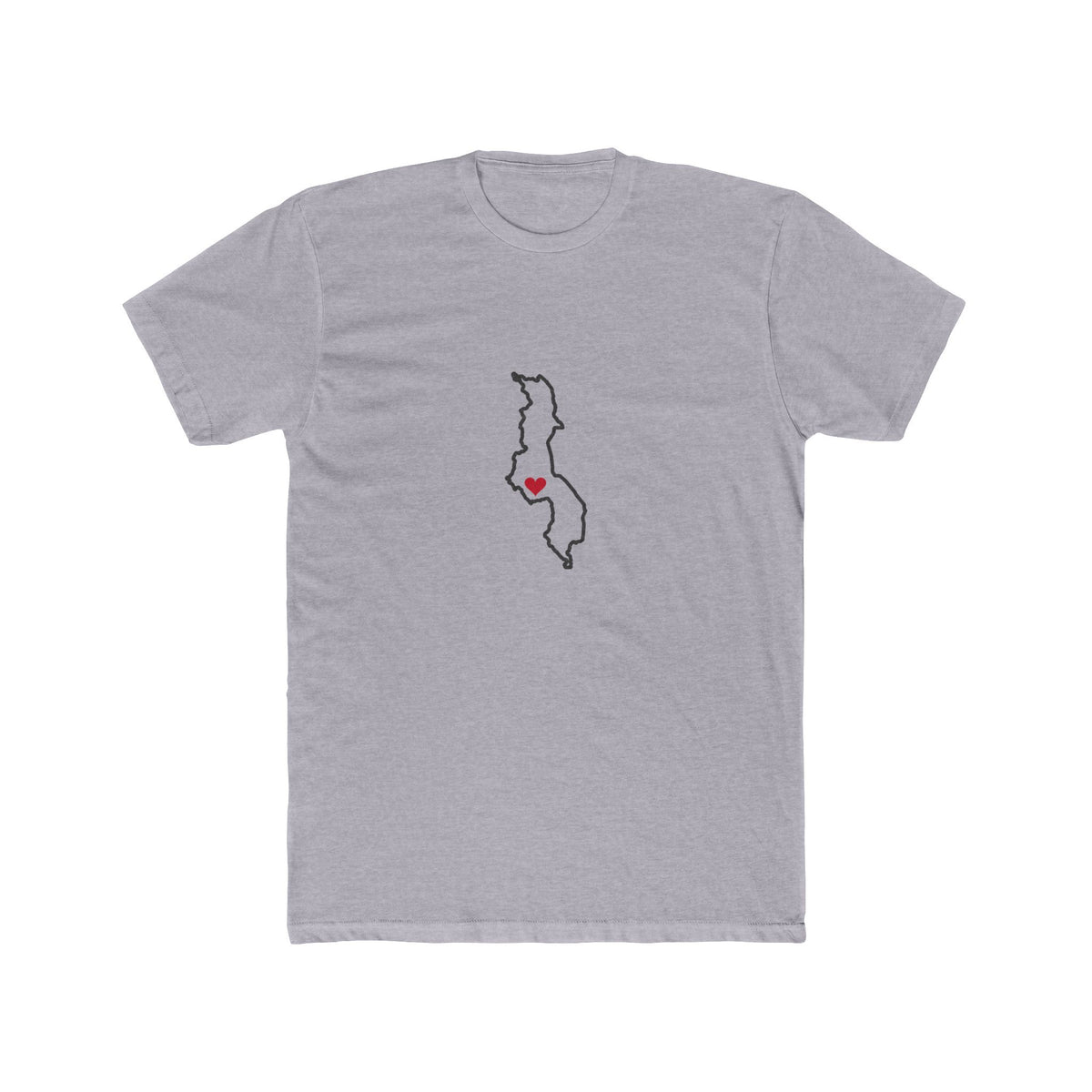 Malawi Lilongwe Mission Heart Map shirt in Heather Grey: Malawi outline with a red heart, front view