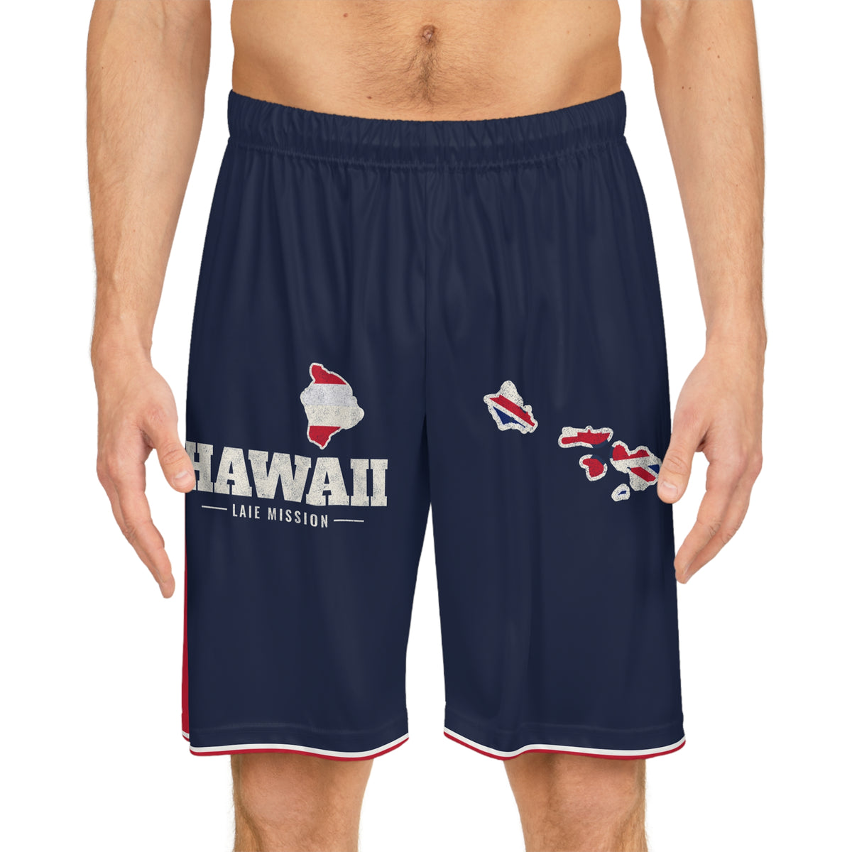 Hawaii Laie Mission Basketball Shorts, worn, front view