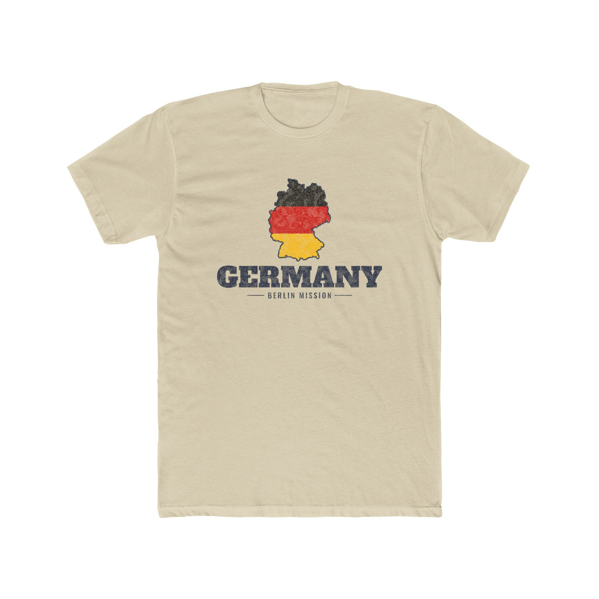Germany Berlin Mission Flag Map shirt in Cream: flag of Germany in the outline of Germany with navy lettering, front view