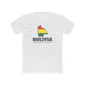 Bolivia Cochabamba North Mission Flag Map shirt in White: flag of Bolivia in the outline of Bolivia with navy lettering, front view