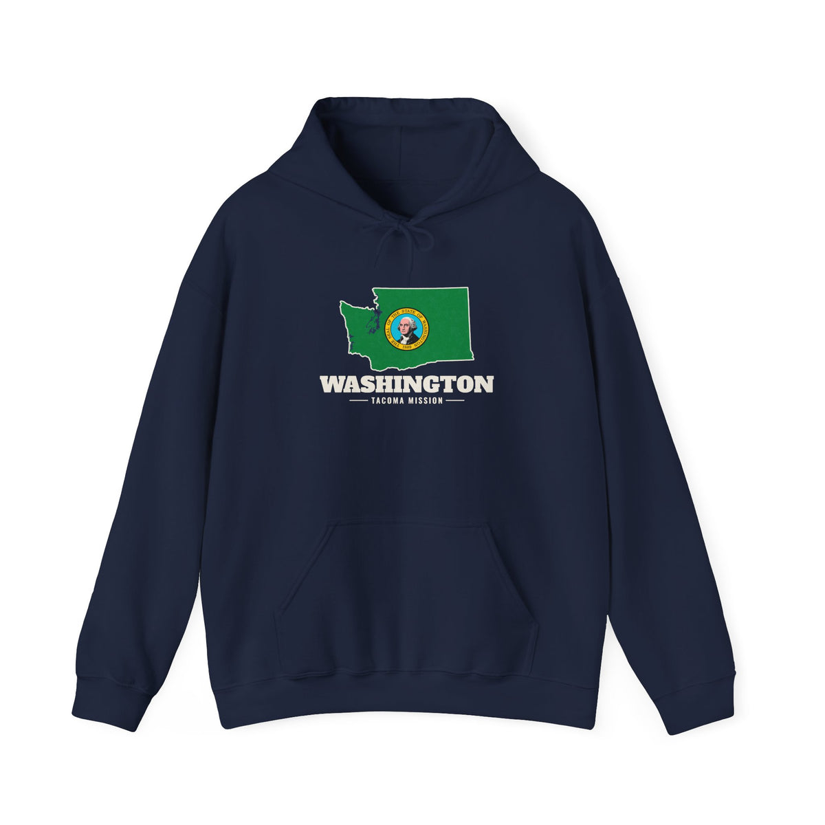 Washington Tacoma Mission Flag Map Hoodie in Navy, front view with the flag map and mission name