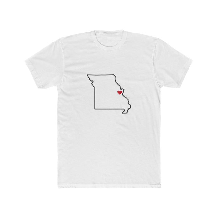 Missouri St. Louis Mission Heart Map shirt in White: Missouri outline with a red heart, front view