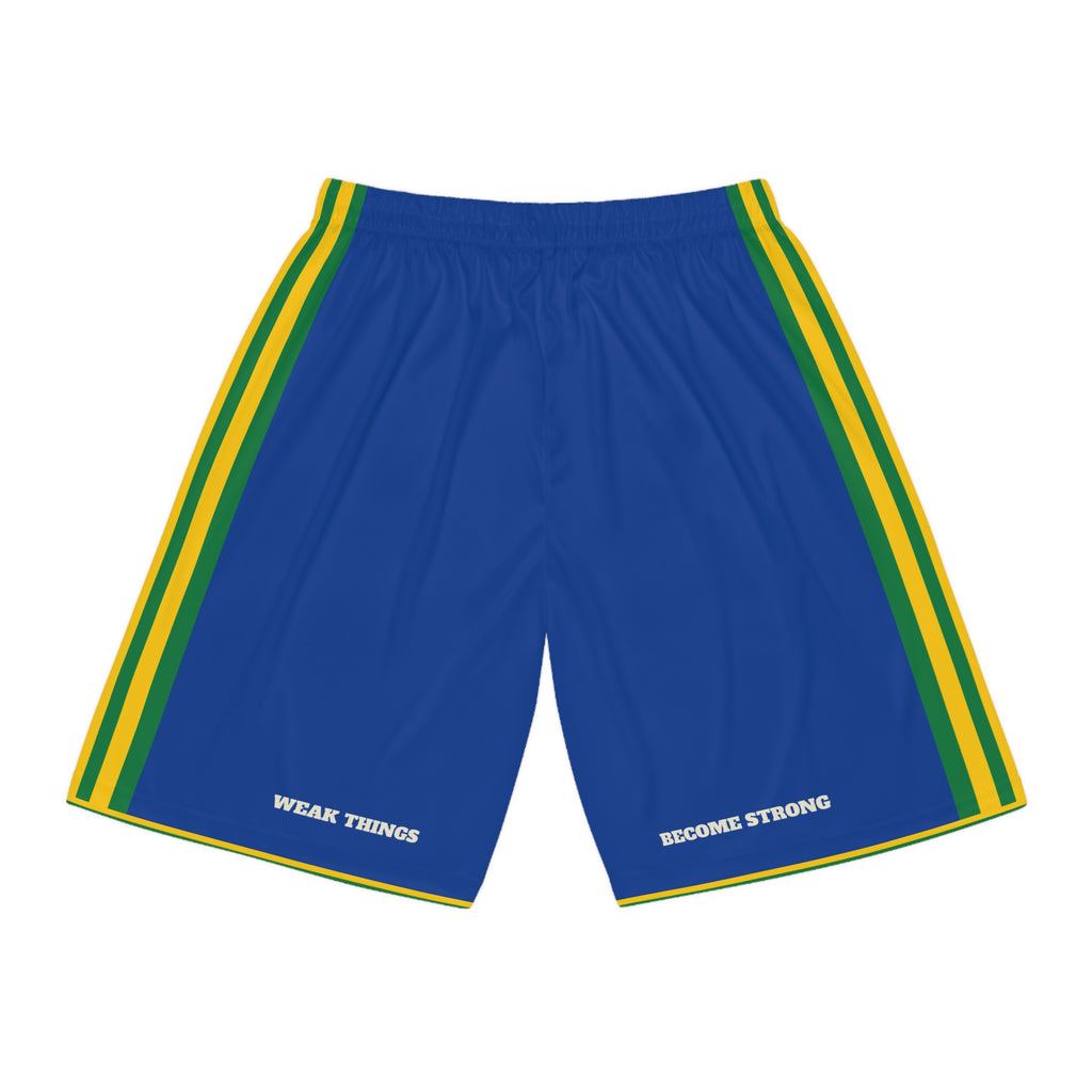 Solomon Islands Honiara Mission Basketball Shorts, back view with WEAK THINGS and BECOME STRONG on the legs