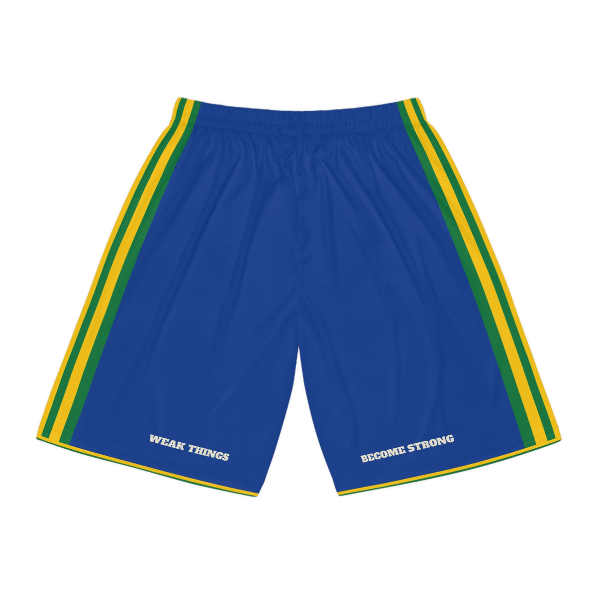 Solomon Islands Honiara Mission Basketball Shorts, back view with WEAK THINGS and BECOME STRONG on the legs