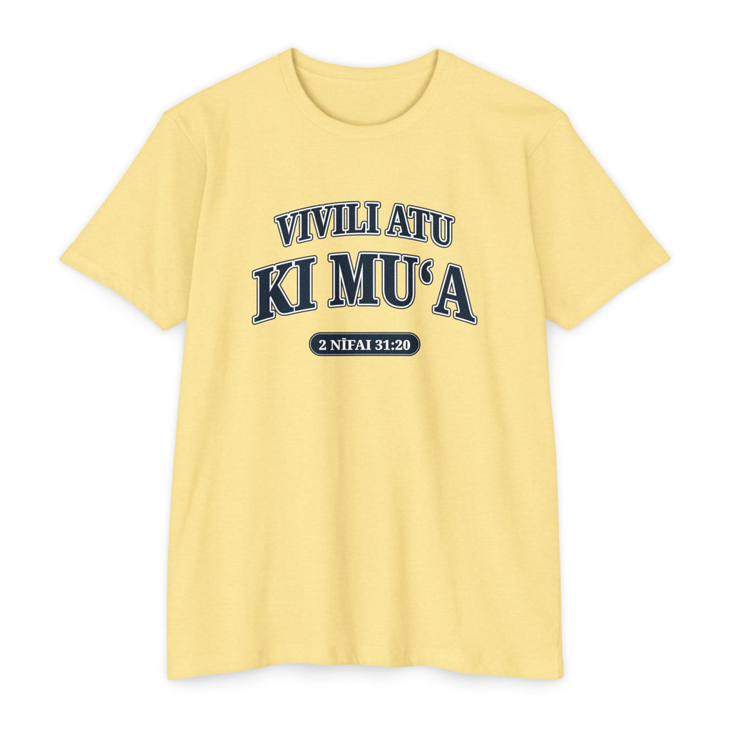 Press Forward shirt in Tongan on Banana Cream: “VIVILI ATU KI MUʻA”, 2 Nīfai 31:20
