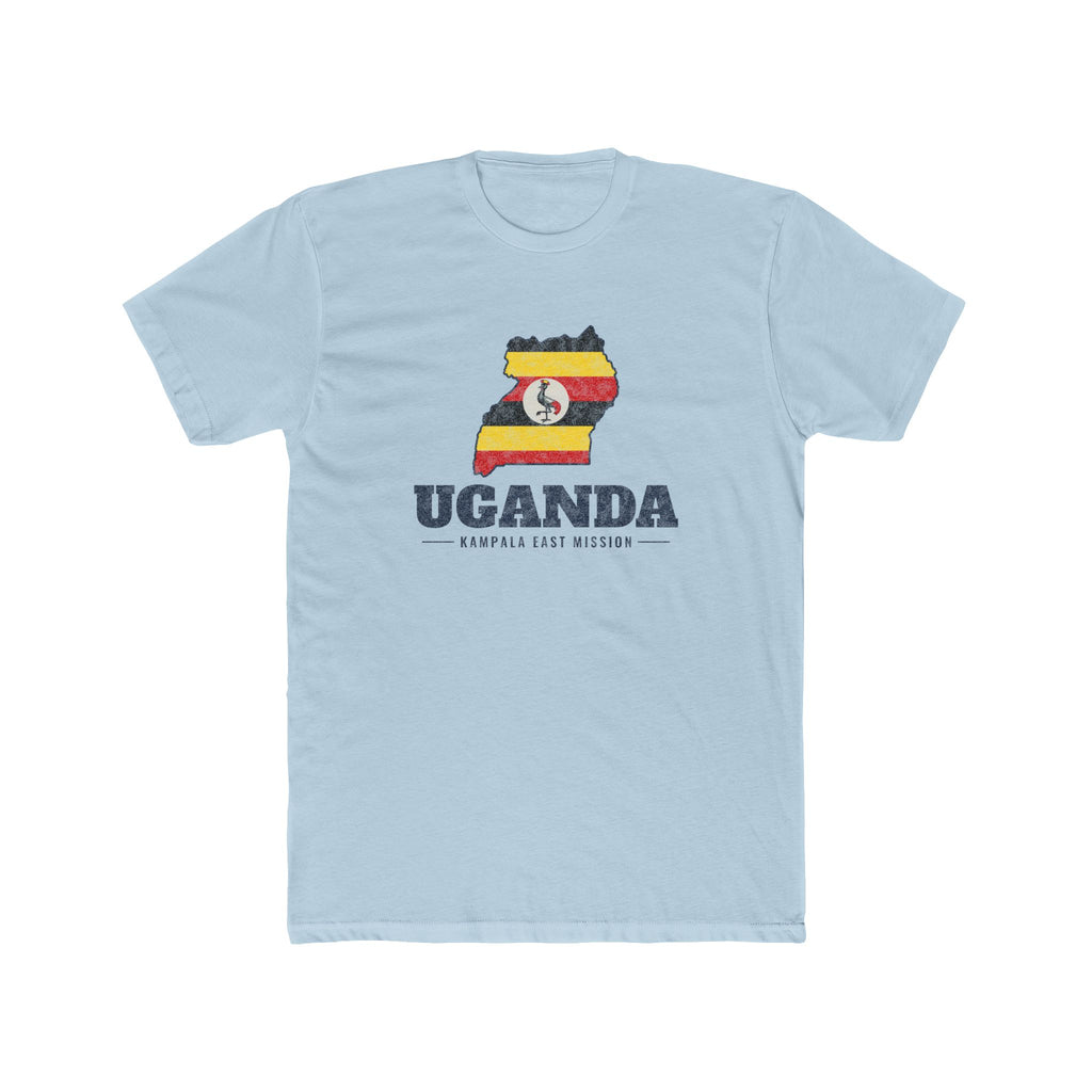 Uganda Kampala East Mission Flag Map shirt in Desert Pink: flag of Uganda in the outline of Uganda with navy lettering, front view