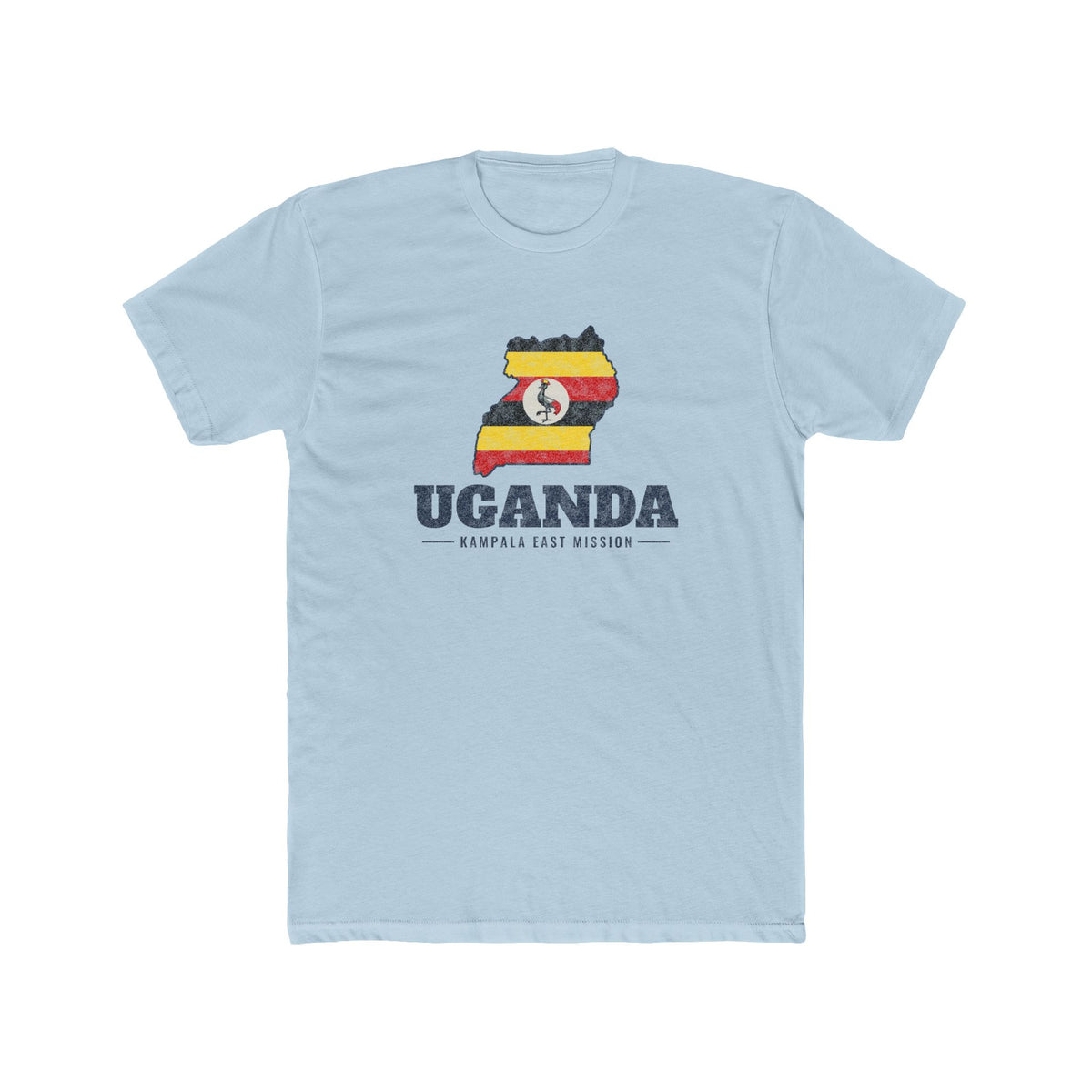 Uganda Kampala East Mission Flag Map shirt in Desert Pink: flag of Uganda in the outline of Uganda with navy lettering, front view