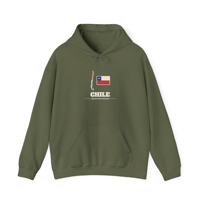 Chile Concepcion Mission Flag Map Hoodie in Military Green, front view with the flag map and mission name