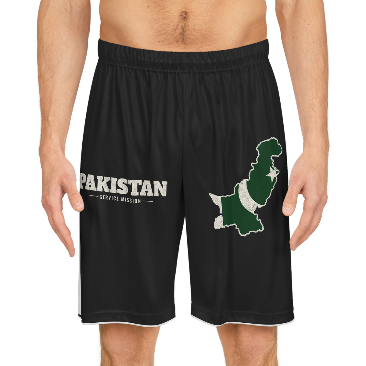 Pakistan Service Mission Basketball Shorts, worn, front view