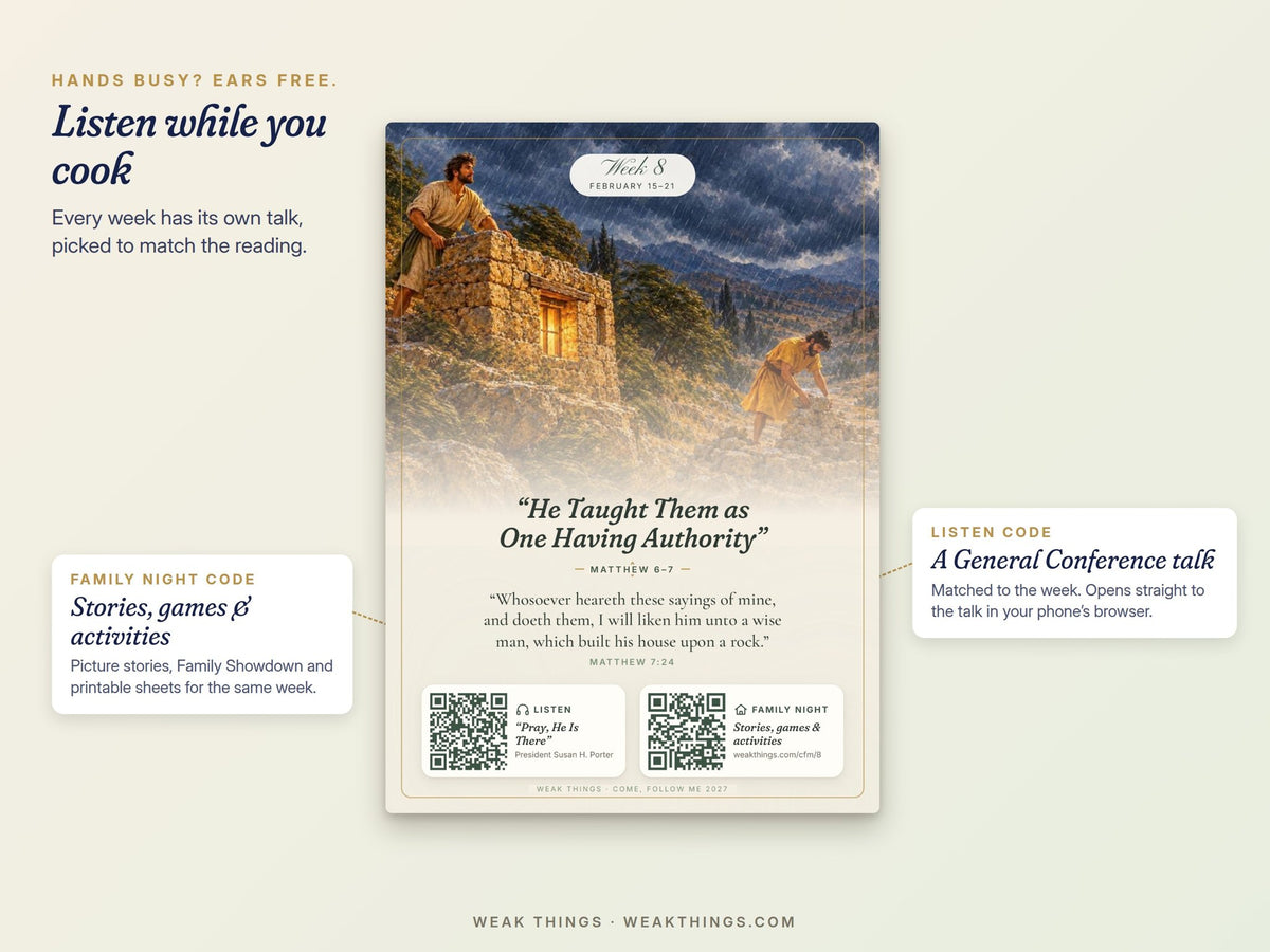 Card front with Listen and Family night QR codes