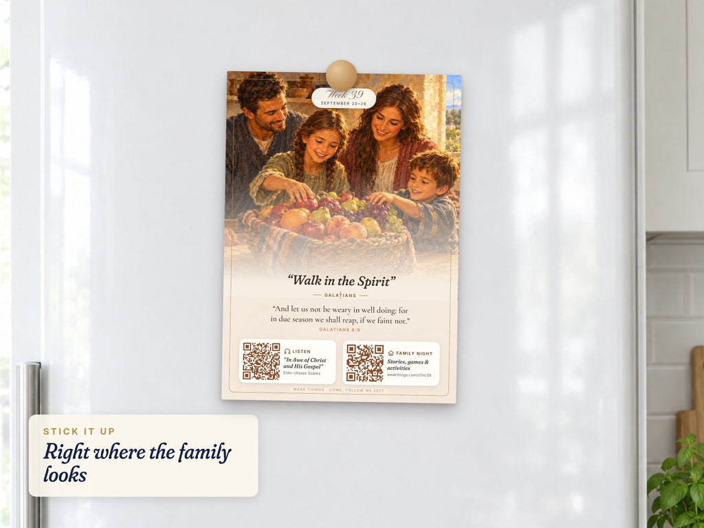 Weekly card held on a refrigerator with a wooden magnet