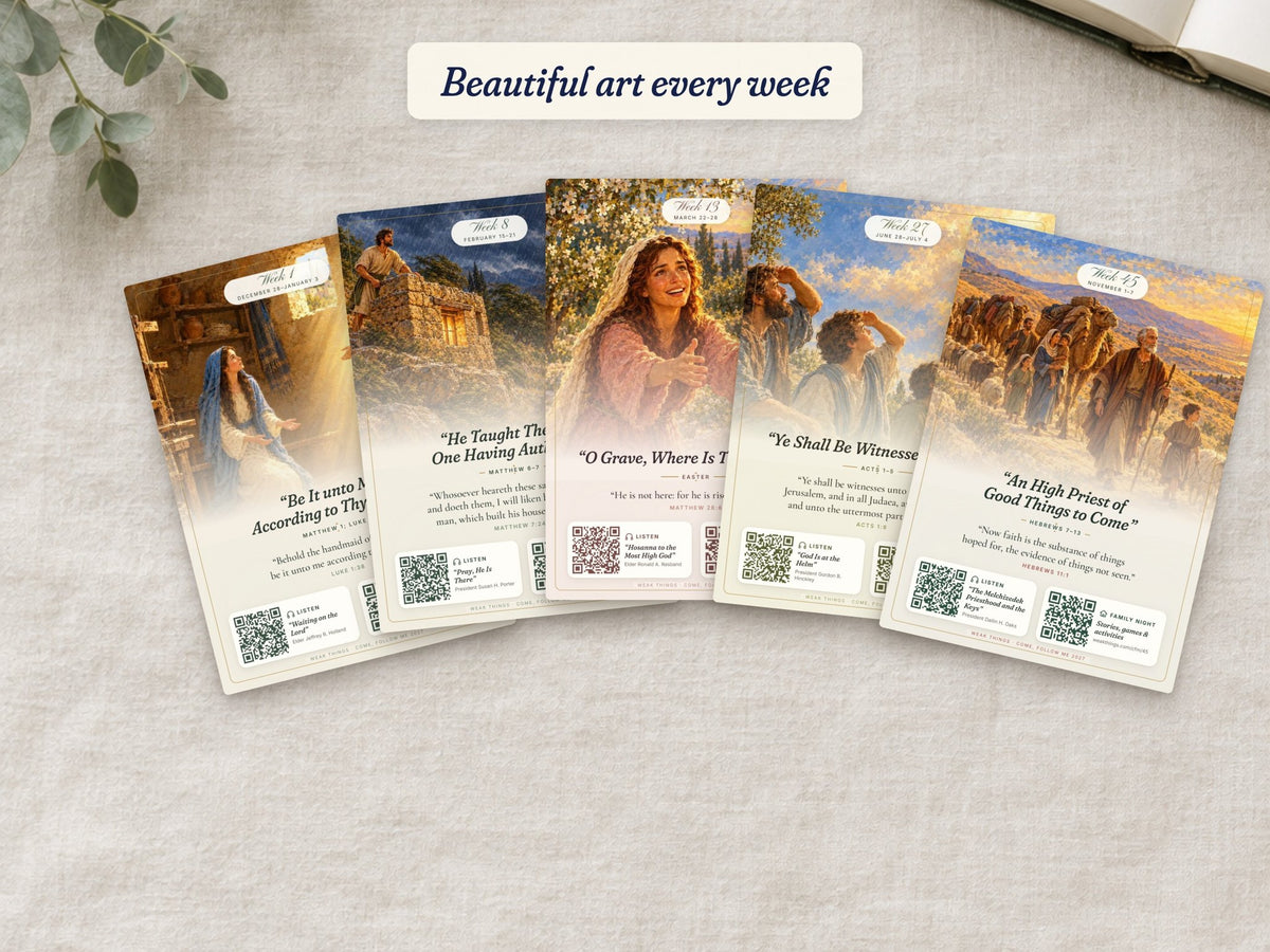 Five weekly cards fanned on a linen tablecloth