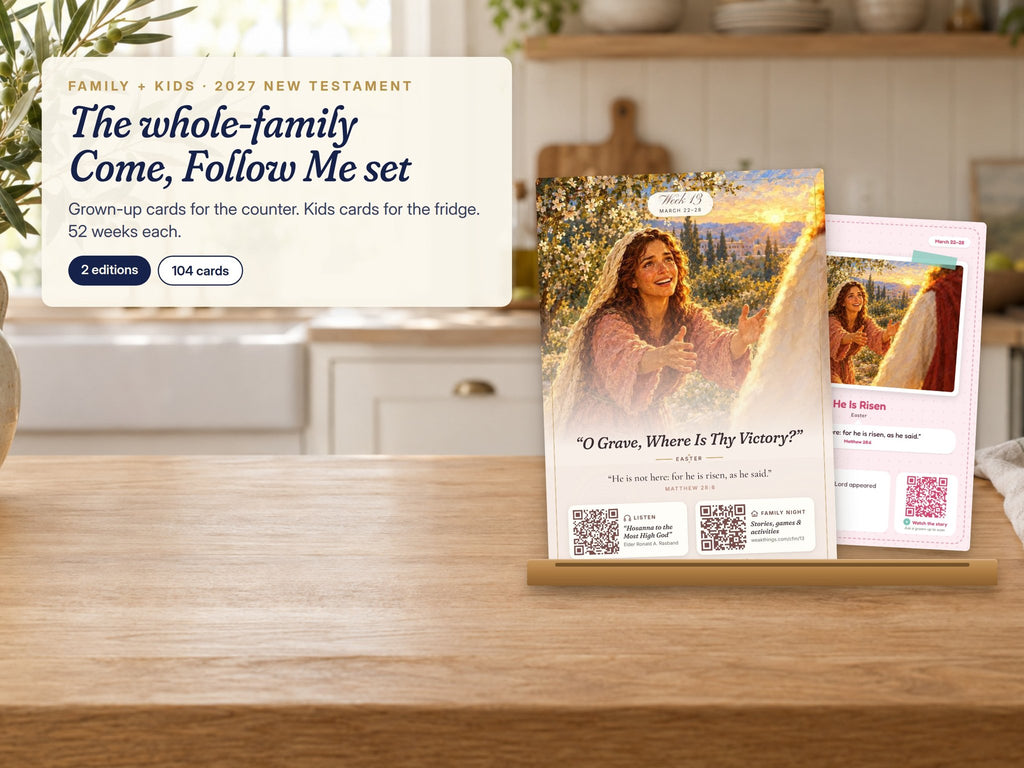 Family and kids Come, Follow Me 2027 cards on a kitchen counter