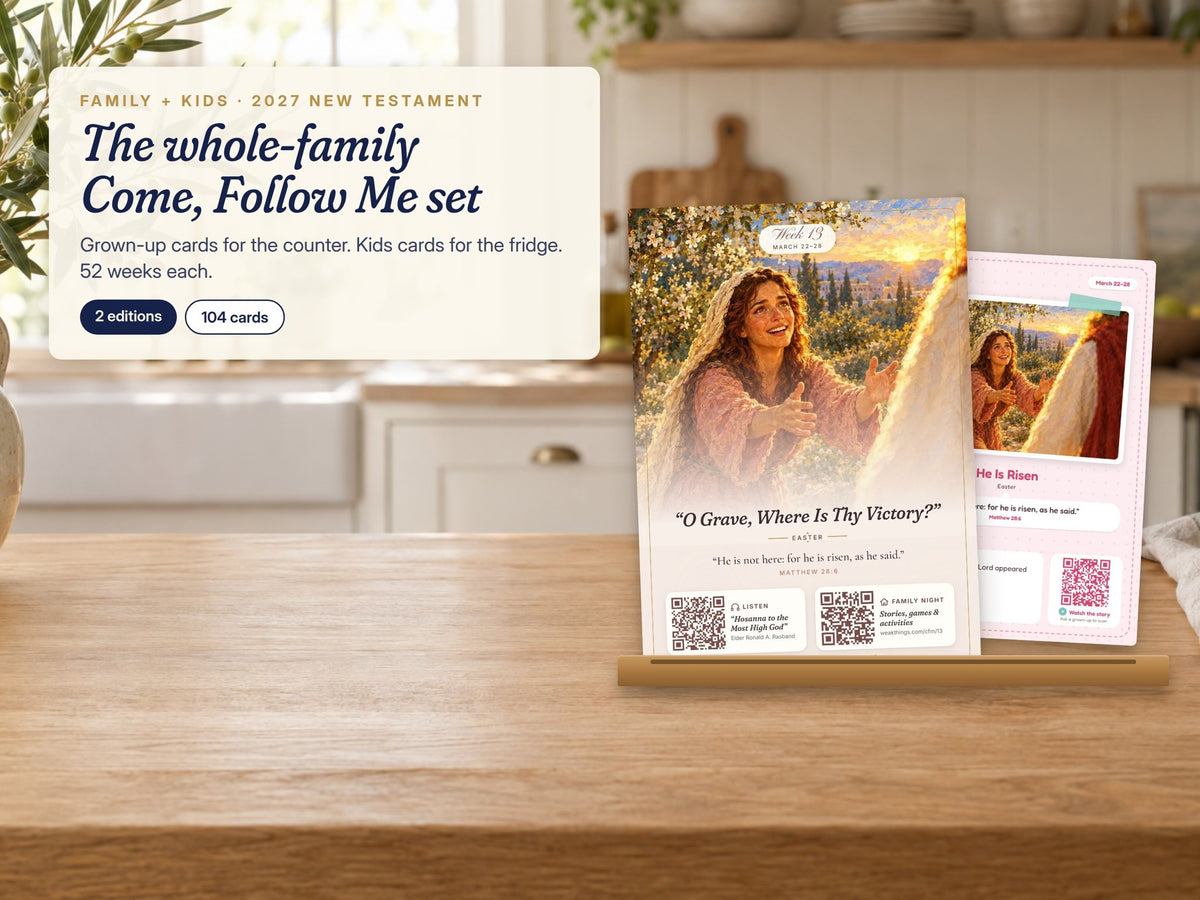 Family and kids Come, Follow Me 2027 cards on a kitchen counter