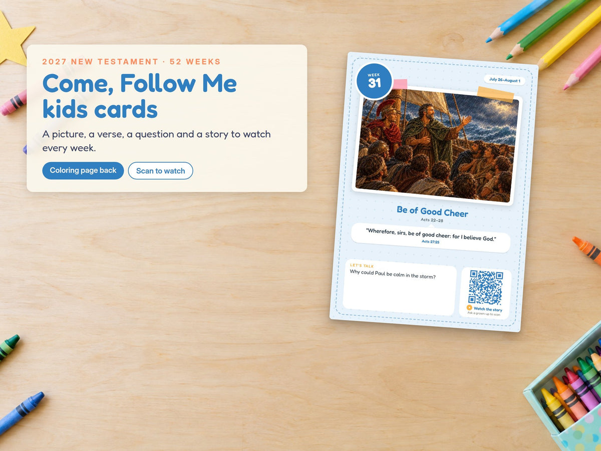 Come, Follow Me 2027 kids card on a table with crayons