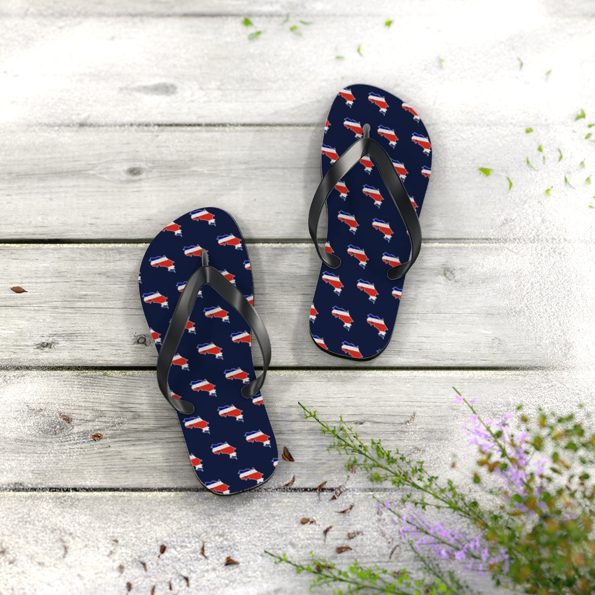 Costa Rica Mission flag map flip flops by Weak Things