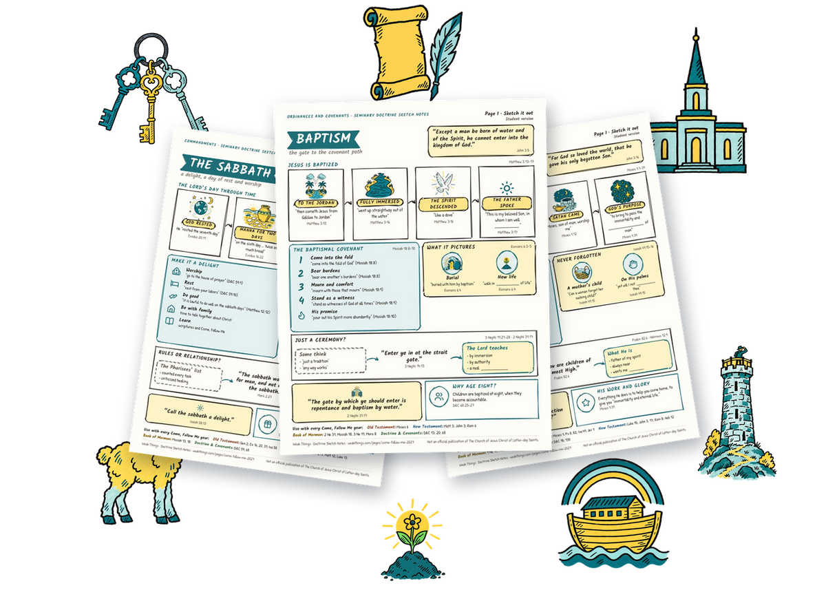 Three doctrine sketch-note sheets surrounded by hand-drawn keys, a temple, a scroll, a lamb, an ark and a lighthouse