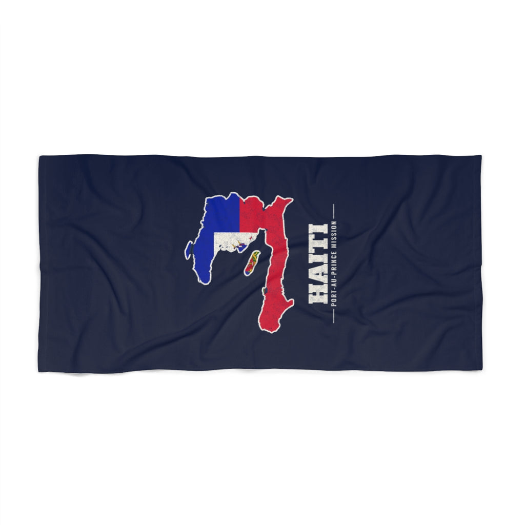 Haiti Port-au-Prince Mission flag map beach towel by Weak Things view 2