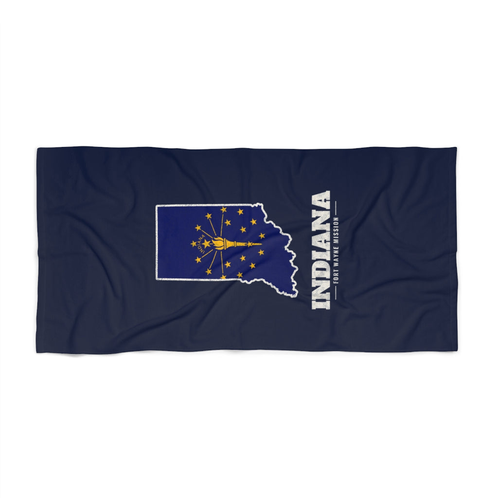 Indiana Fort Wayne Mission flag map beach towel by Weak Things view 2