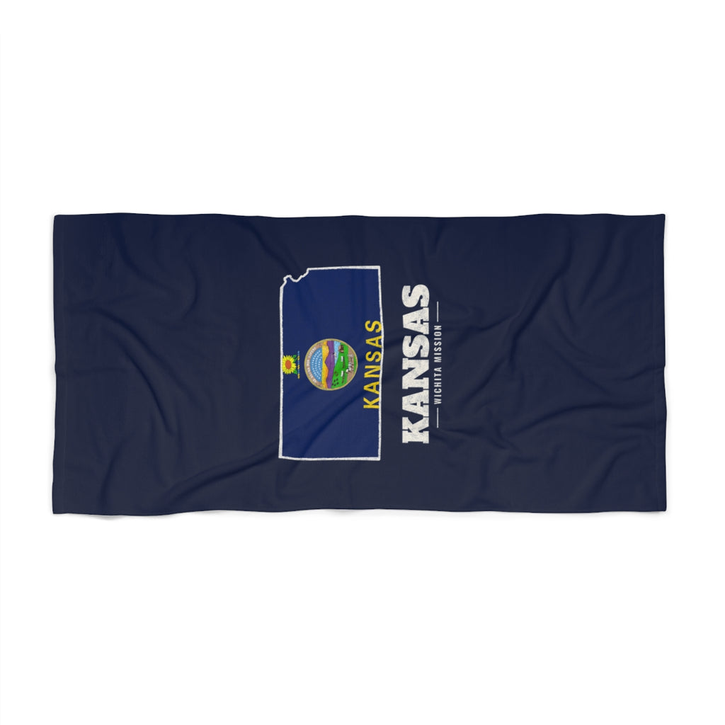 Kansas Wichita Mission flag map beach towel by Weak Things view 2