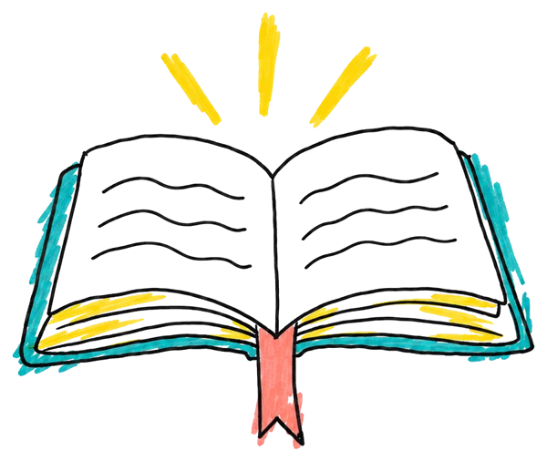 Doodle of open scriptures with a ribbon bookmark and light rising from the pages.