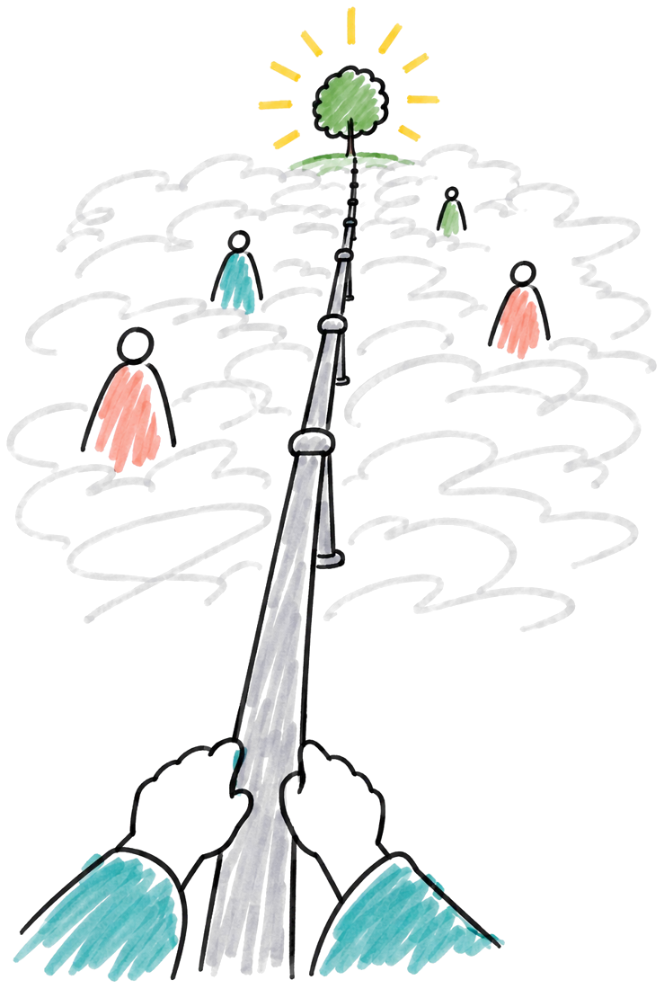 First-person doodle of two hands gripping an iron rod that stretches through gray mist toward a small glowing tree.