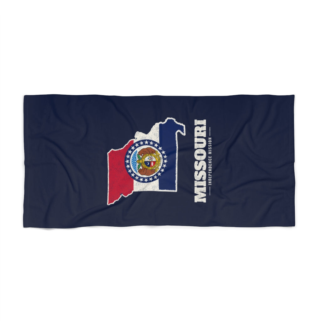 Missouri Independence Mission flag map beach towel by Weak Things view 2