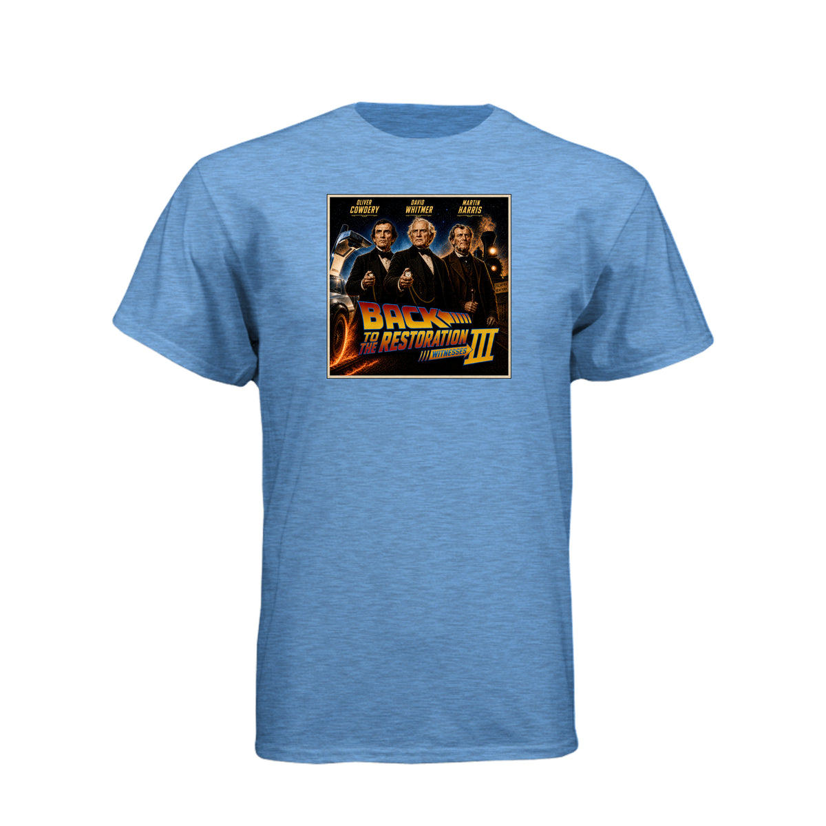 Three Witnesses LDS t-shirt design featuring Book of Mormon restoration history and the testimony of three witnesses - product view 3