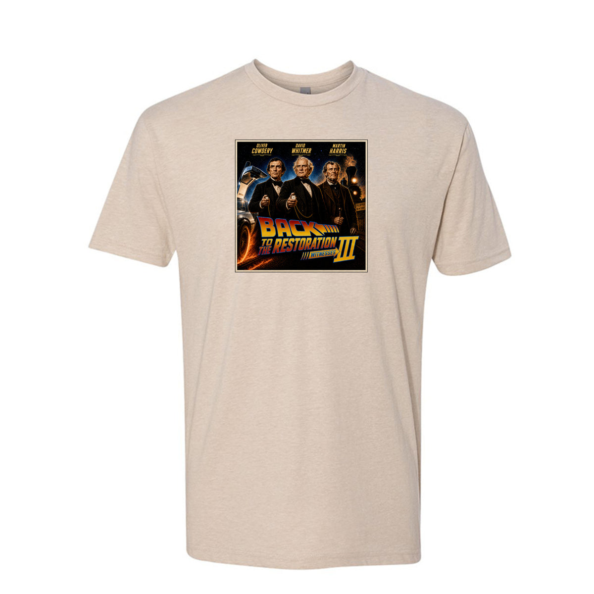 Three Witnesses LDS t-shirt design featuring Book of Mormon restoration history and the testimony of three witnesses - product view 4