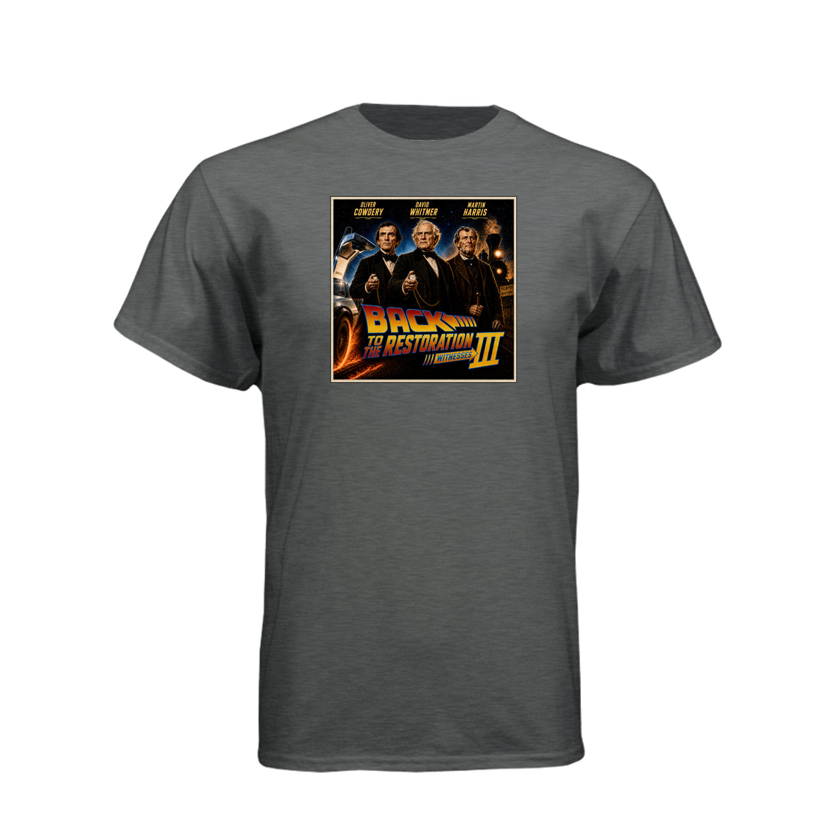 Three Witnesses LDS t-shirt design featuring Book of Mormon restoration history and the testimony of three witnesses - product view 5