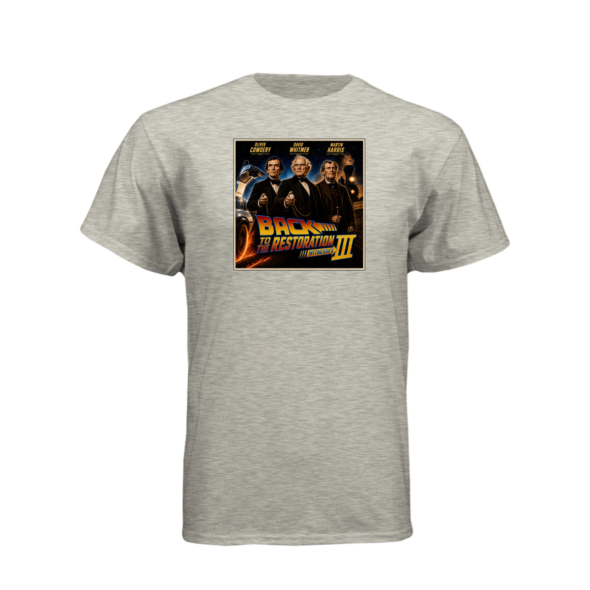 Three Witnesses LDS t-shirt design featuring Book of Mormon restoration history and the testimony of three witnesses - product view 6