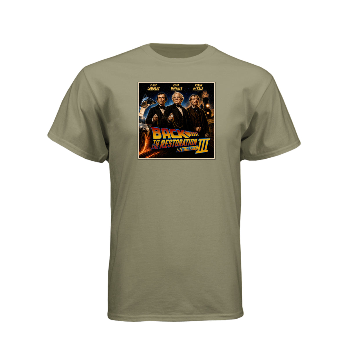 Three Witnesses LDS t-shirt design featuring Book of Mormon restoration history and the testimony of three witnesses - product view 7