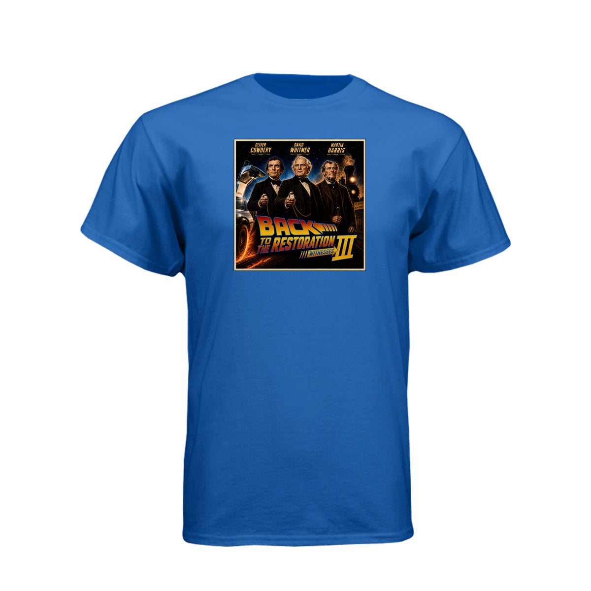 Three Witnesses LDS t-shirt design featuring Book of Mormon restoration history and the testimony of three witnesses - product view 8